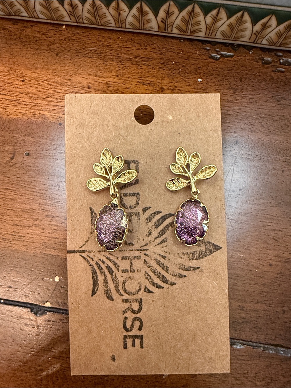 PURPLE Gold Leaf Purple Druzy Drop Earrings - Unbranded